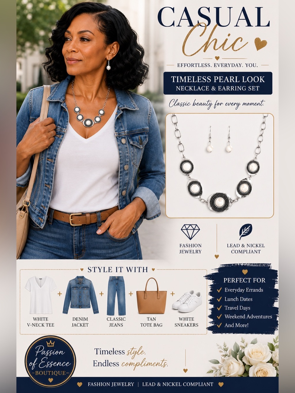 Timeless Pearl-Look Necklace & Earring Set - Silver